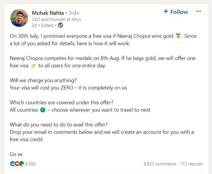 Free Visas If Neeraj Chopra Wins Gold